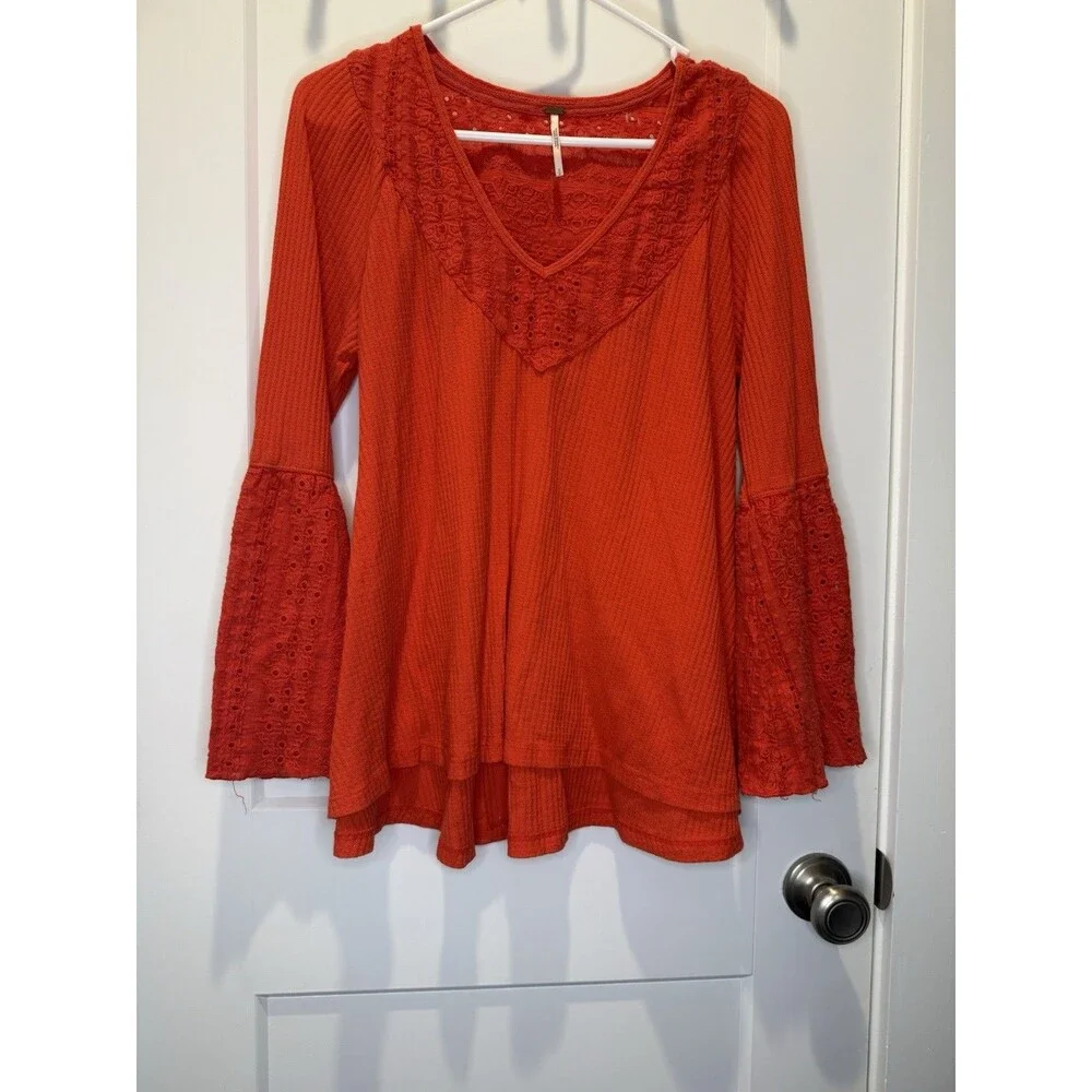 Free People Womens Parisian Nights Top Small Red Embroidered Boho Bell Sleeve